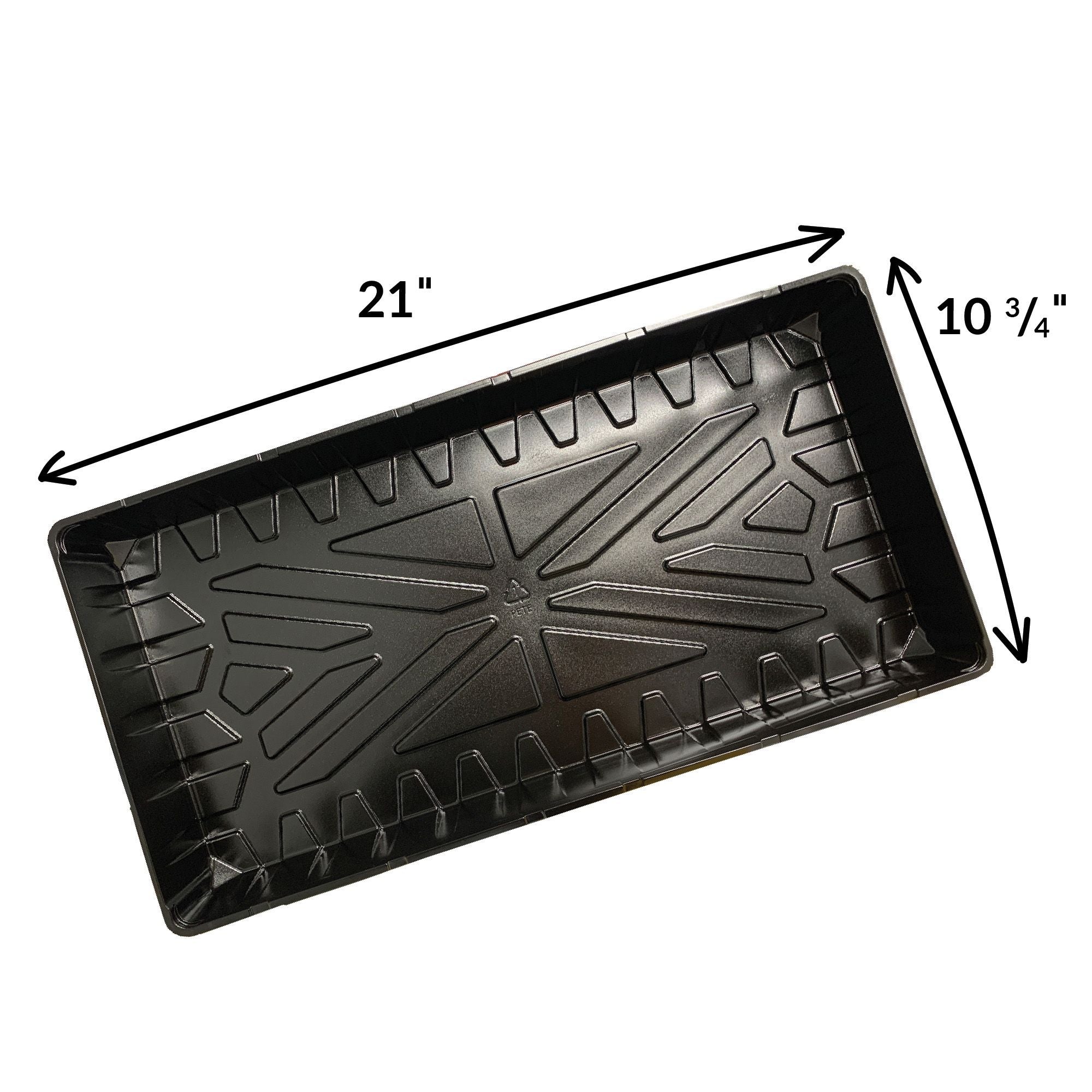 A black watertight plastic plant tray with a geometric pattern, designed for seed starting.